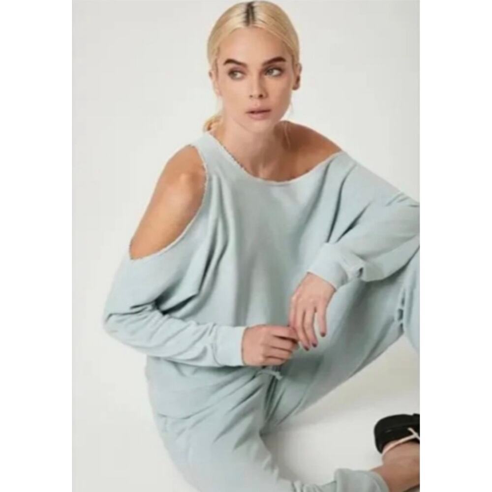 LANSTON Sport One Shoulder Pull Over Distressed Sweatshirt Sz Small Lounge wear